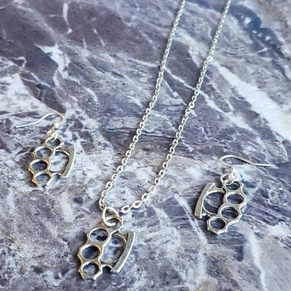Brass knuckle necklace and earring set